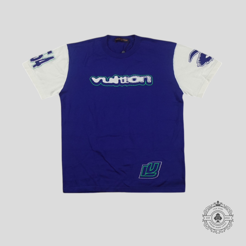 Pull ras du cou Louis Vuitton Racing à manches courtes en maille intarsia bleu