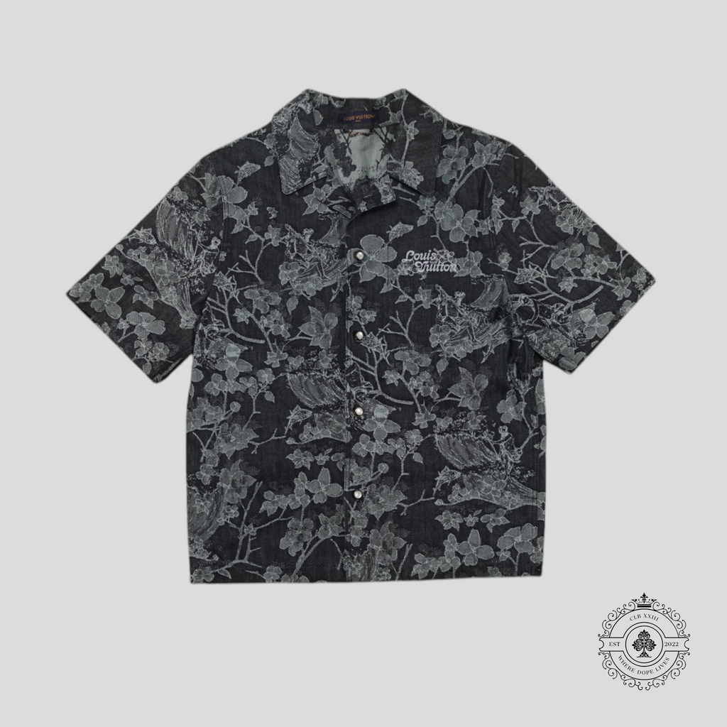 Chemise en jean bleue à col ouvert et boutonnée à motif jacquard floral LV Waves Louis Vuitton