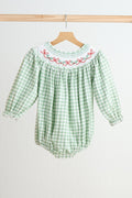 Barboteuse à smocks vichy verte nœud papillon fillette