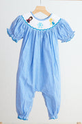 Barboteuse bébé fille smockée à la main vichy princesse des neiges bleue