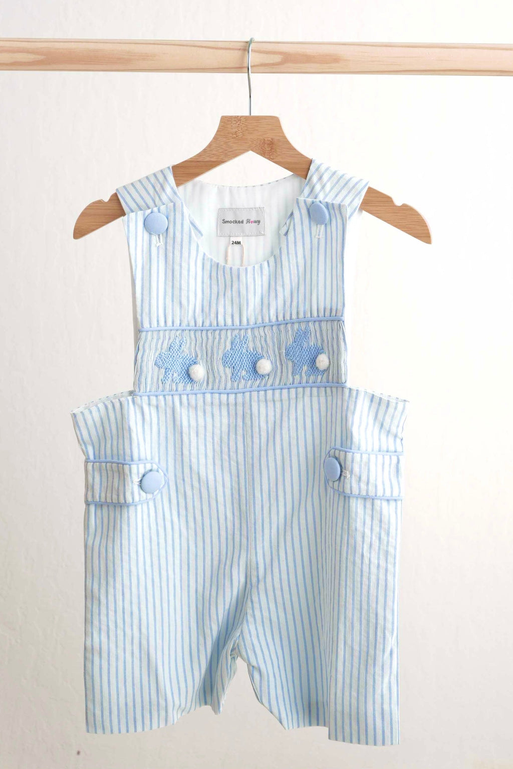 Barboteuse garçon smocks main lapin de Pâques bleu