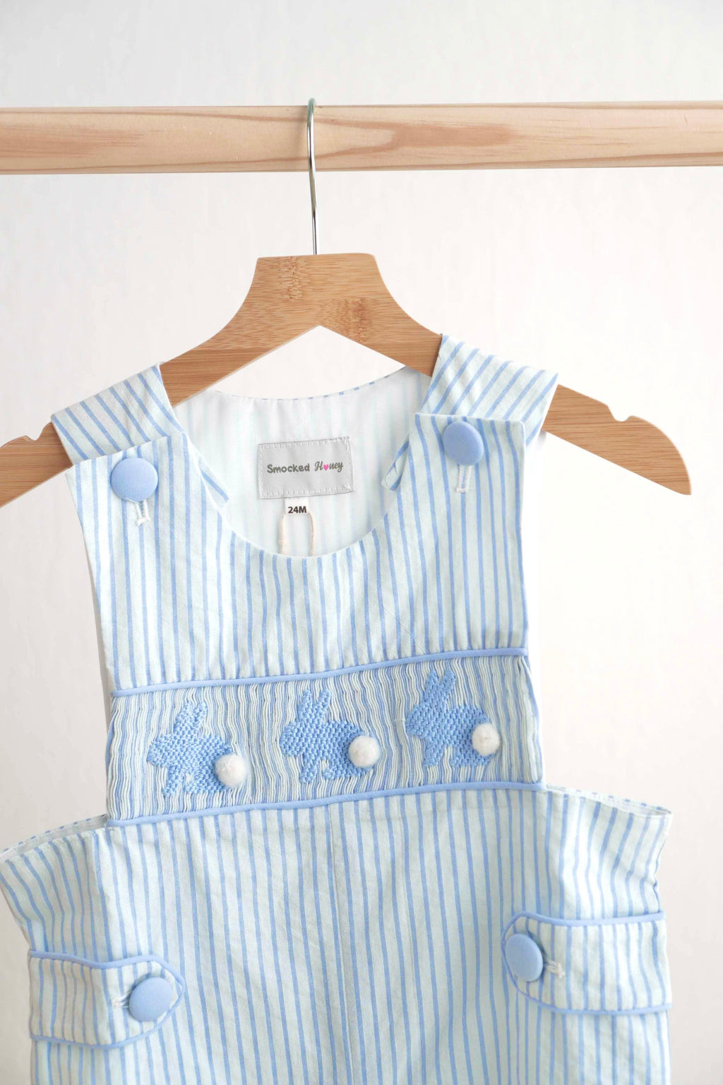 Barboteuse garçon smocks main lapin de Pâques bleu