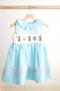 Robe en seersucker vichy à nœuds français motif œuf de Pâques de lapin bleu