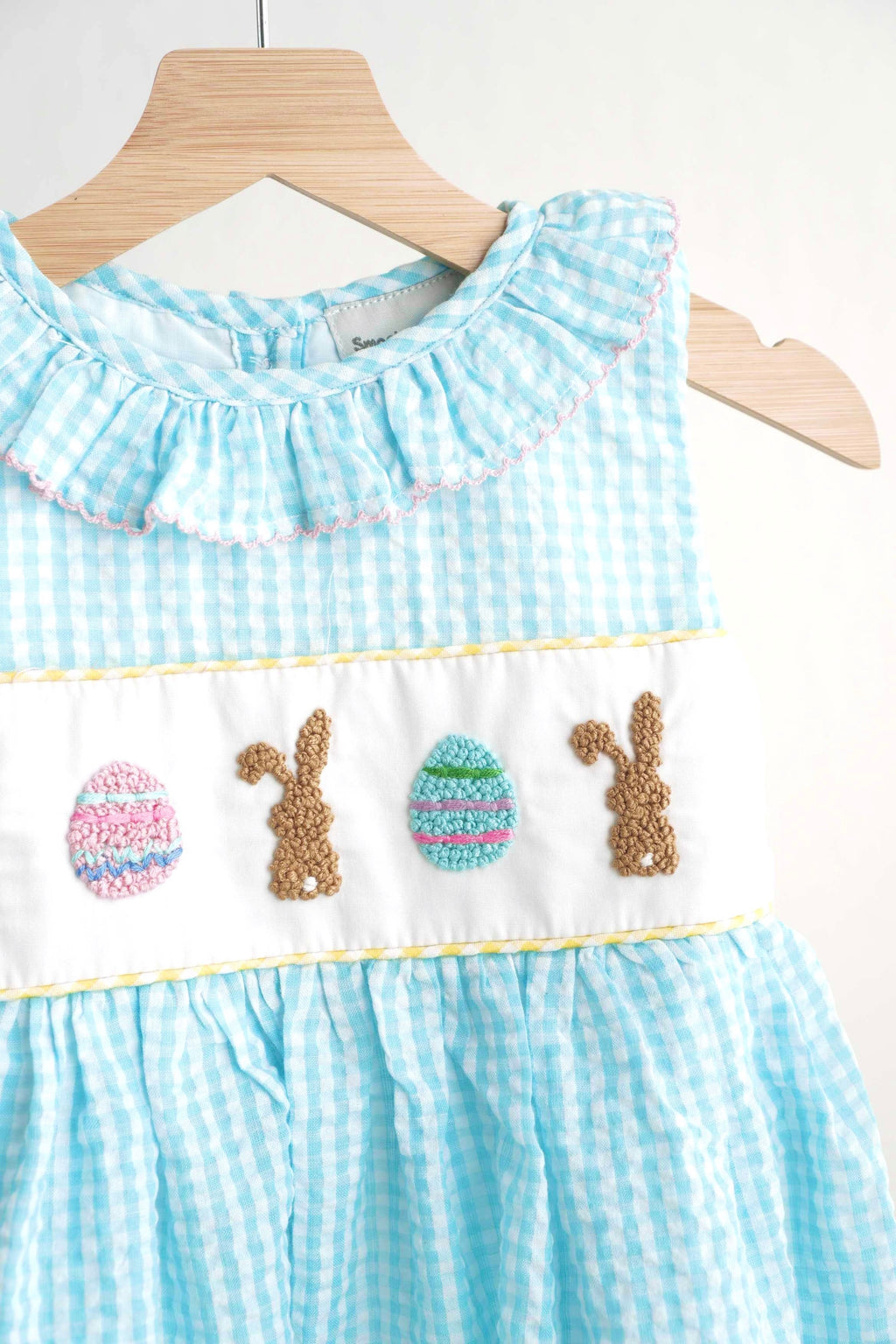 Robe en seersucker vichy à nœuds français motif œuf de Pâques de lapin bleu