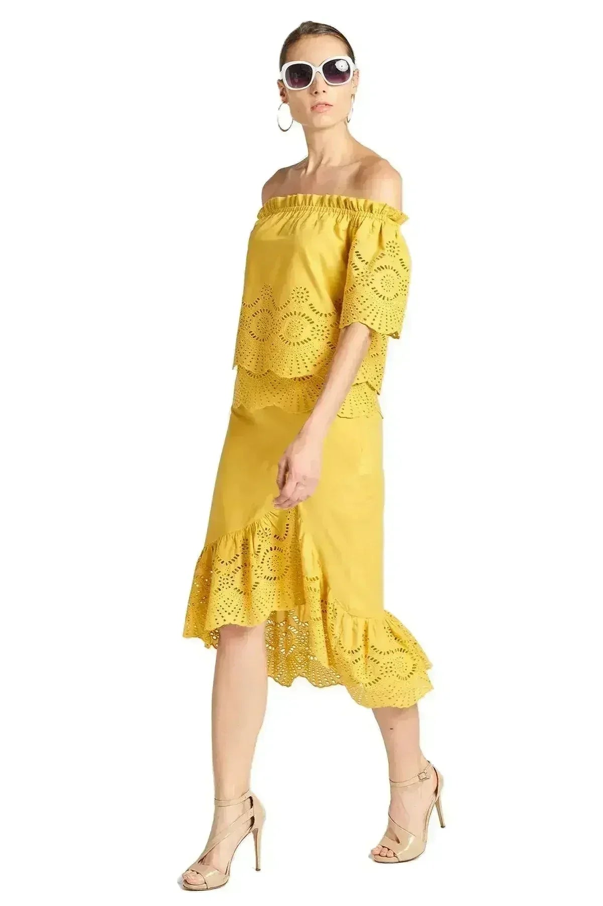 Jupe Aster - Jupe asymétrique courte devant longue derrière en broderie anglaise de coton, coloris or