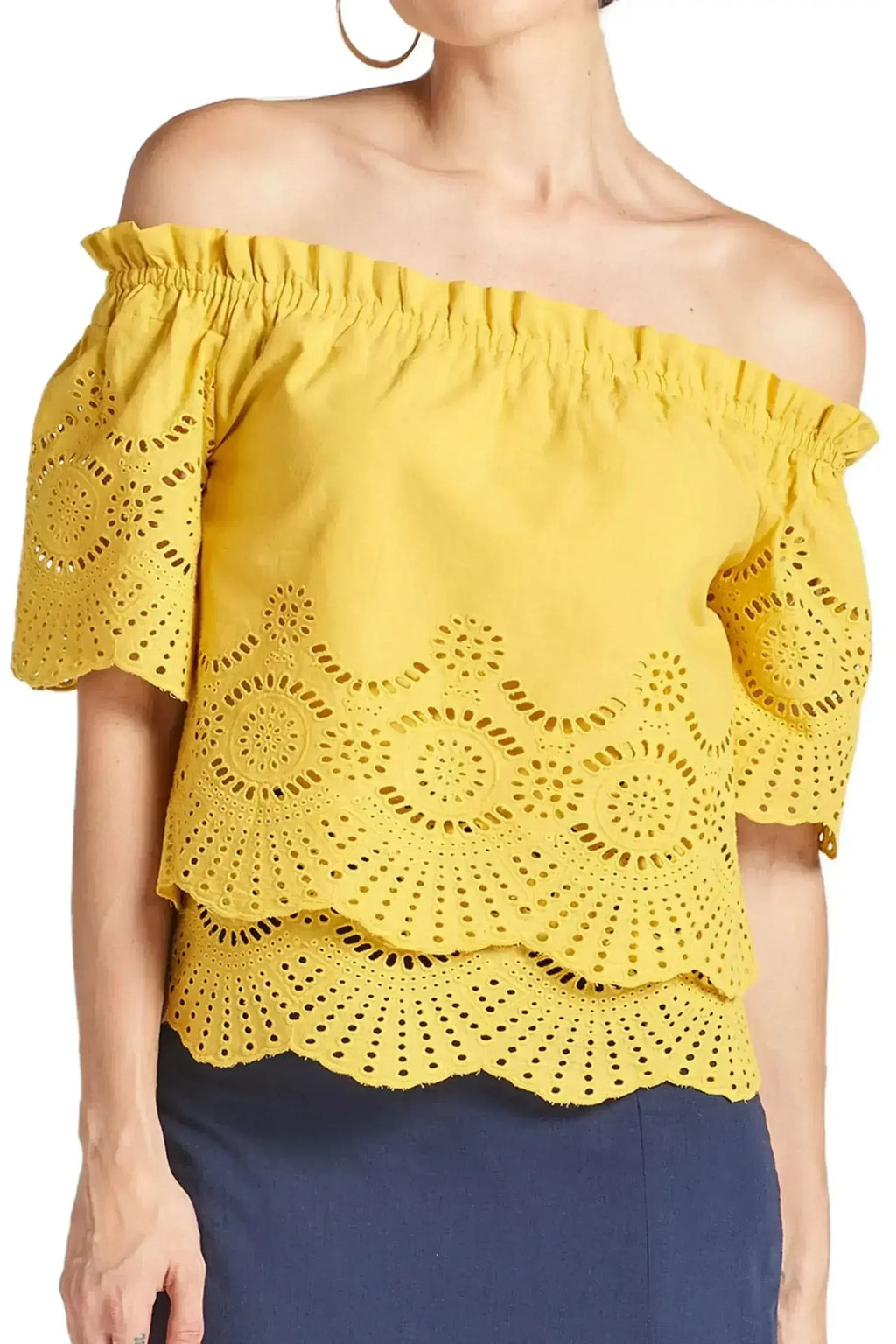 Haut marguerite souci - Haut en broderie anglaise de coton à double couche et épaules dénudées