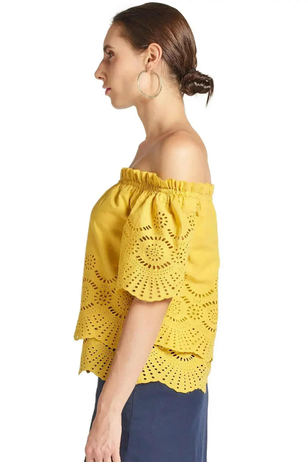 Haut marguerite souci - Haut en broderie anglaise de coton à double couche et épaules dénudées