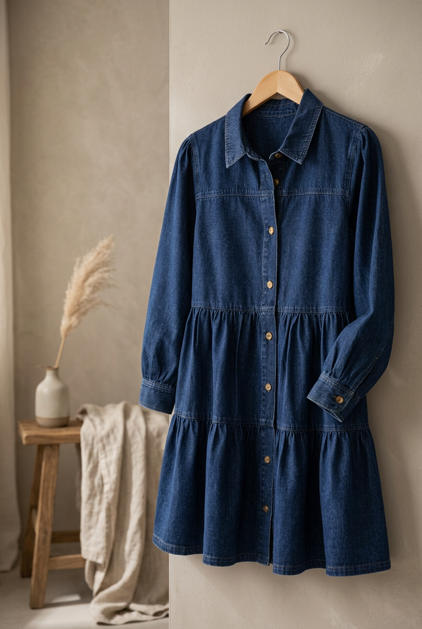 Robe trapèze en jean à volants boutonnée