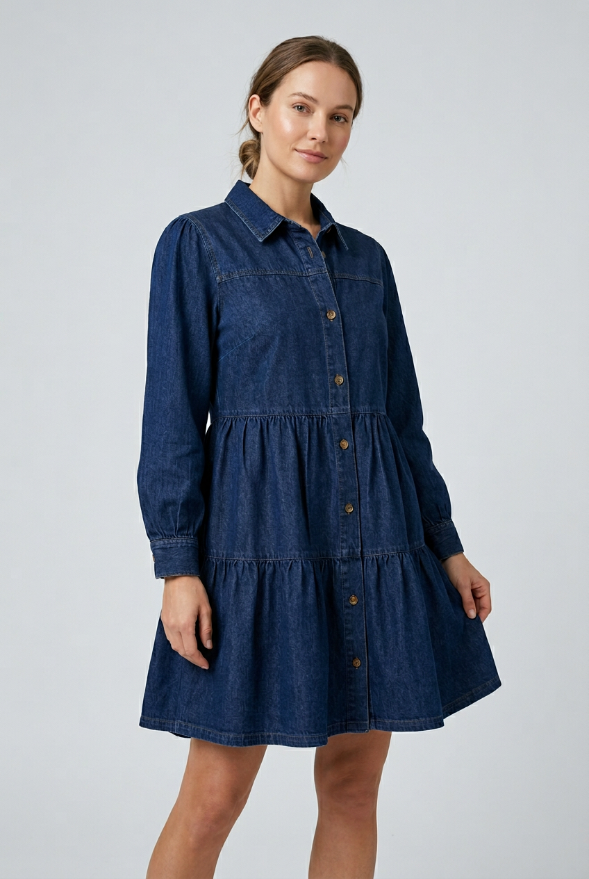 Robe trapèze en jean à volants boutonnée