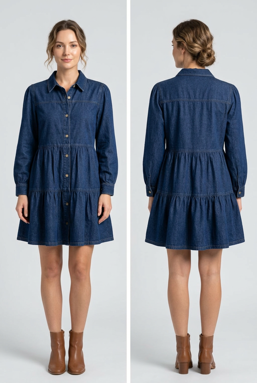Robe trapèze en jean à volants boutonnée