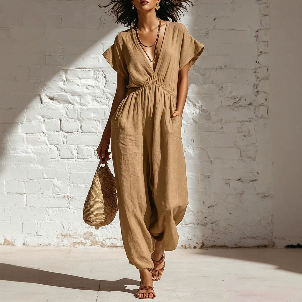 Pantalon femme taille haute à jambes larges, avec haut à décolleté plongeant et manches trois-quarts
