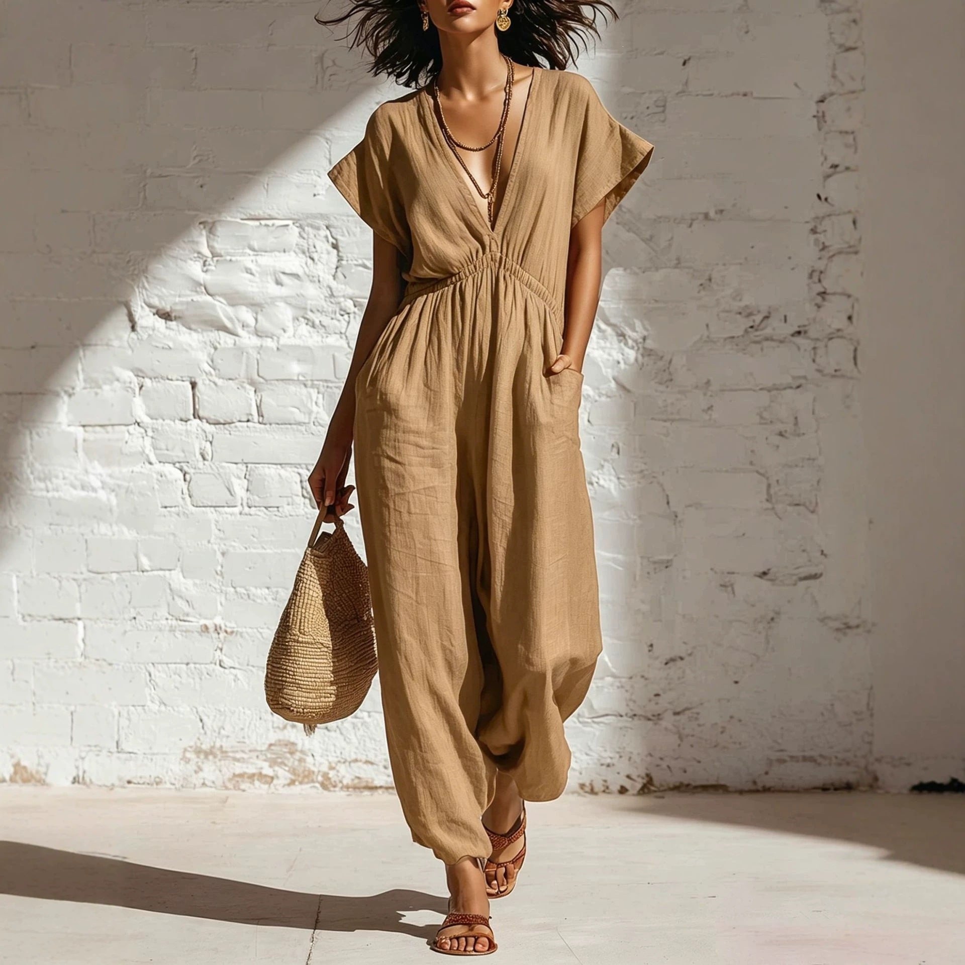 Pantalon femme taille haute à jambes larges, avec haut à décolleté plongeant et manches trois-quarts