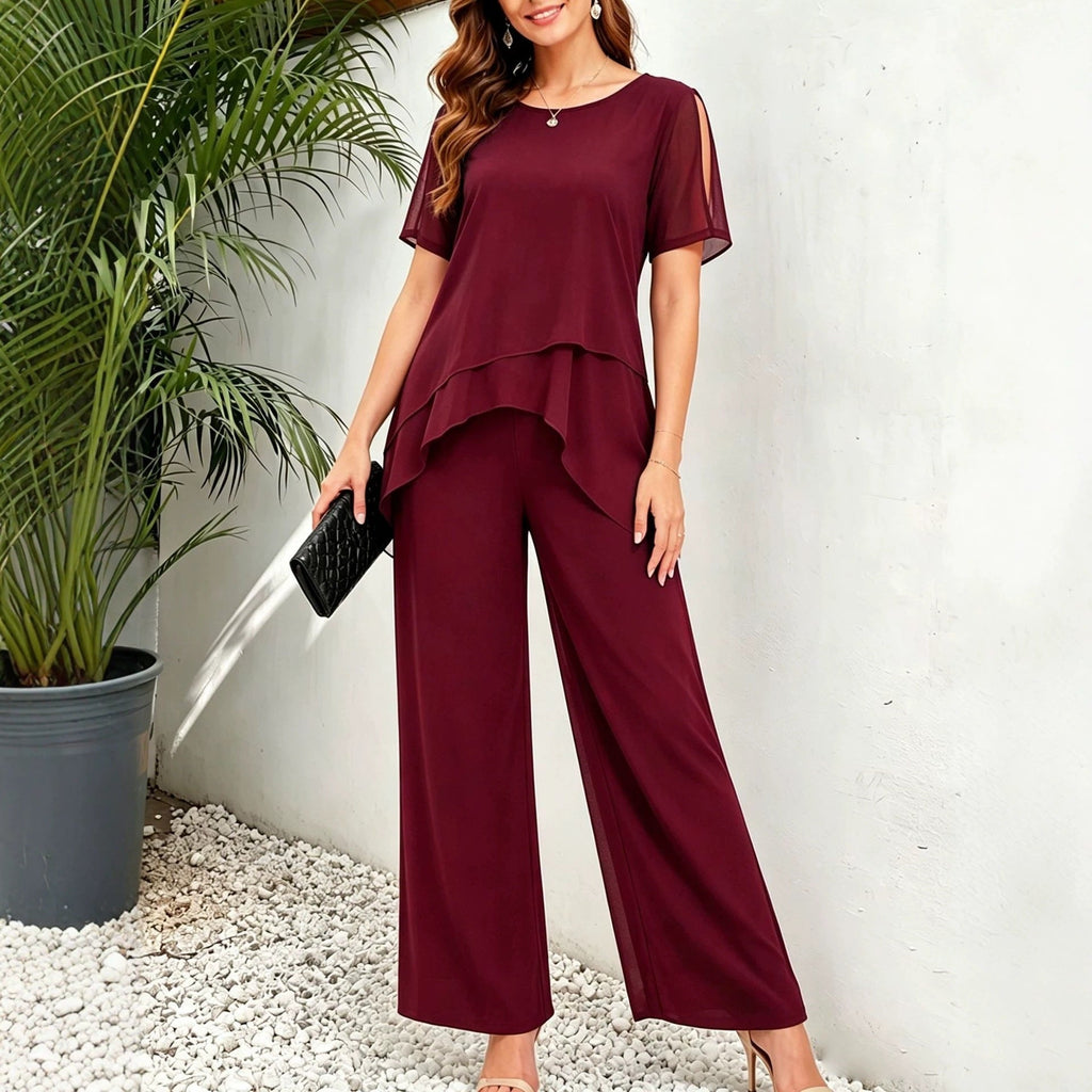 Ensemble deux pièces haut à ourlet irrégulier et pantalon large pour femme
