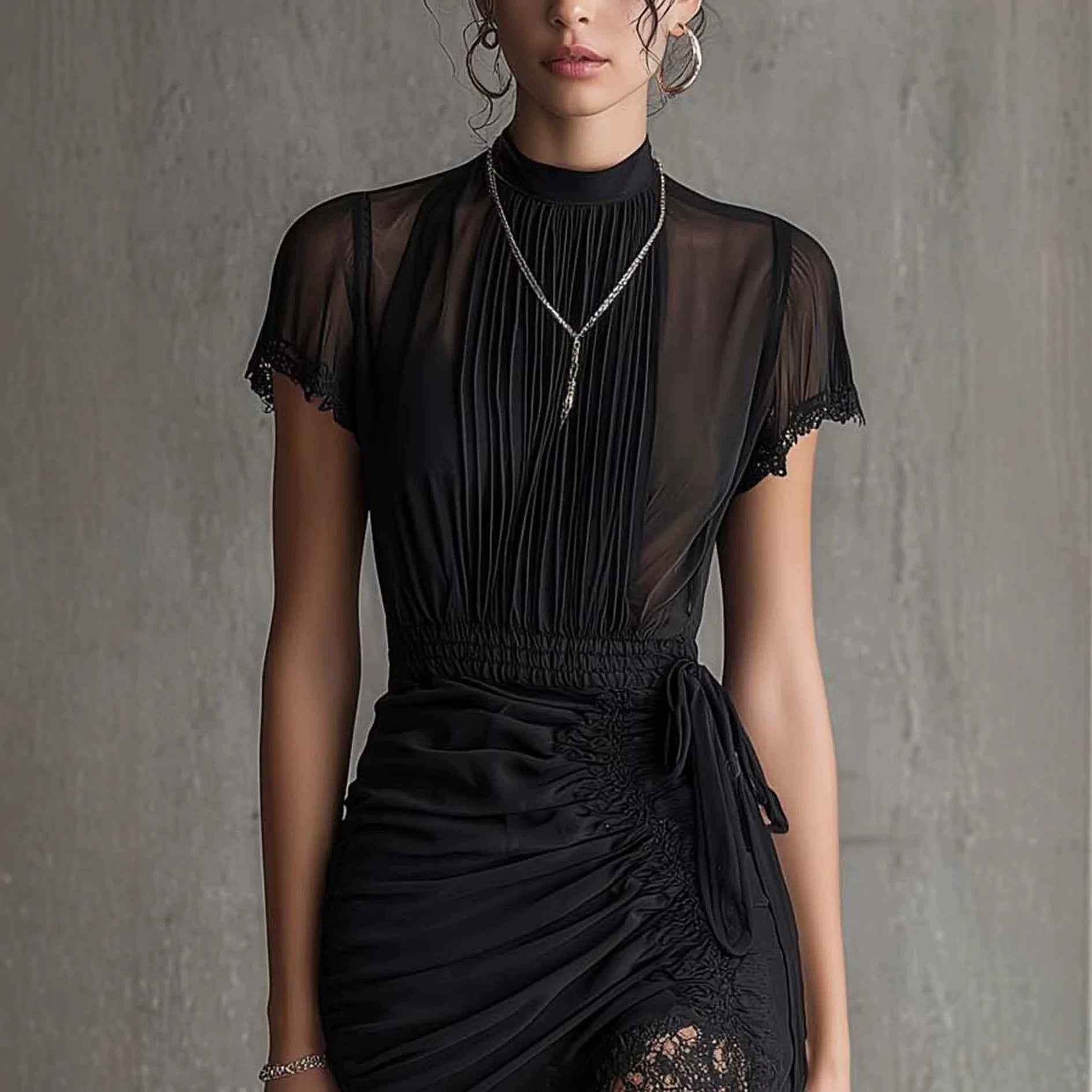 Robe Midi Fendue en Dentelle Noire Patchwork – Robe Transparente Taille Haute Moulante pour Femmes