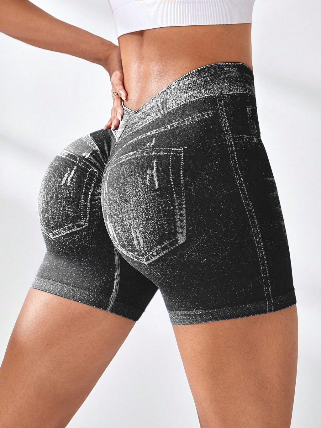 Shorts de yoga sans couture en jean pour femmes, shorts de course et de fitness ajustés à séchage rapide, avec taille en V et rehaussement des hanches
