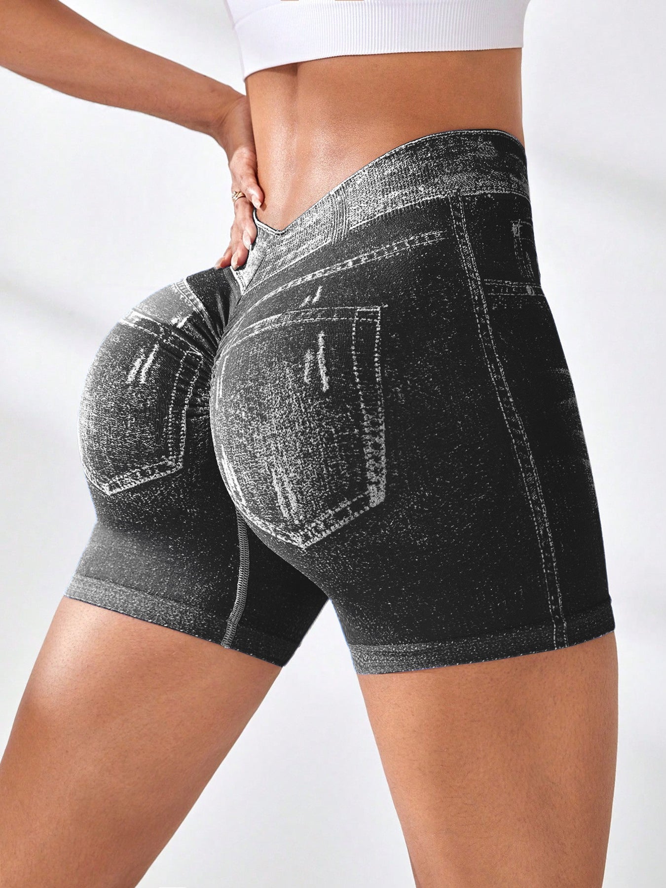 Shorts de yoga sans couture en jean pour femmes, shorts de course et de fitness ajustés à séchage rapide, avec taille en V et rehaussement des hanches