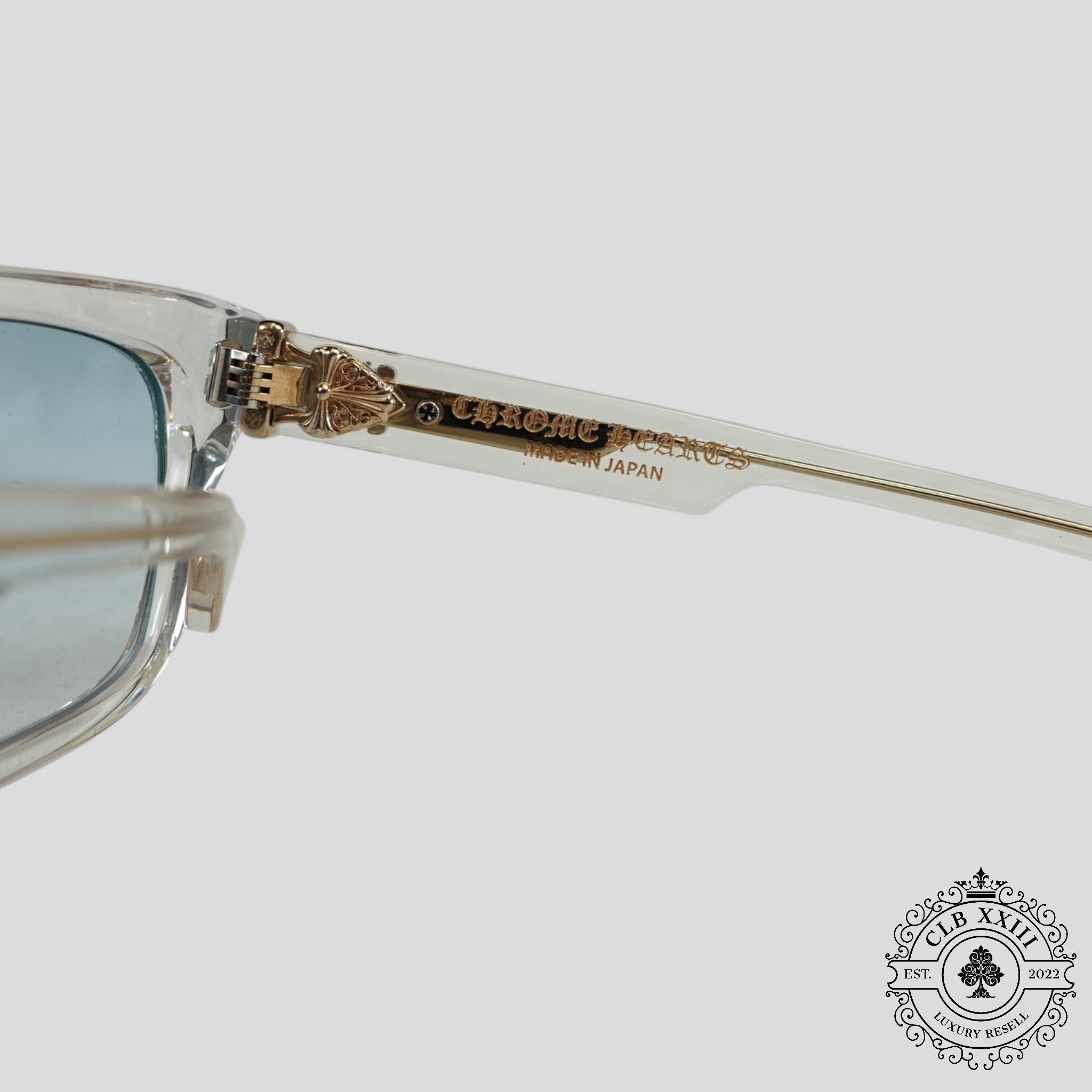 Lunettes Chrome Hearts Box Officer embellies de diamants, transparentes/dorées