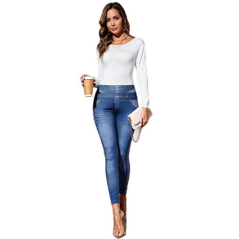 Pantalon de fitness en jean pour femmes Taille haute Amincissant Remonte-fesses Élastique Course Yoga Décontracté