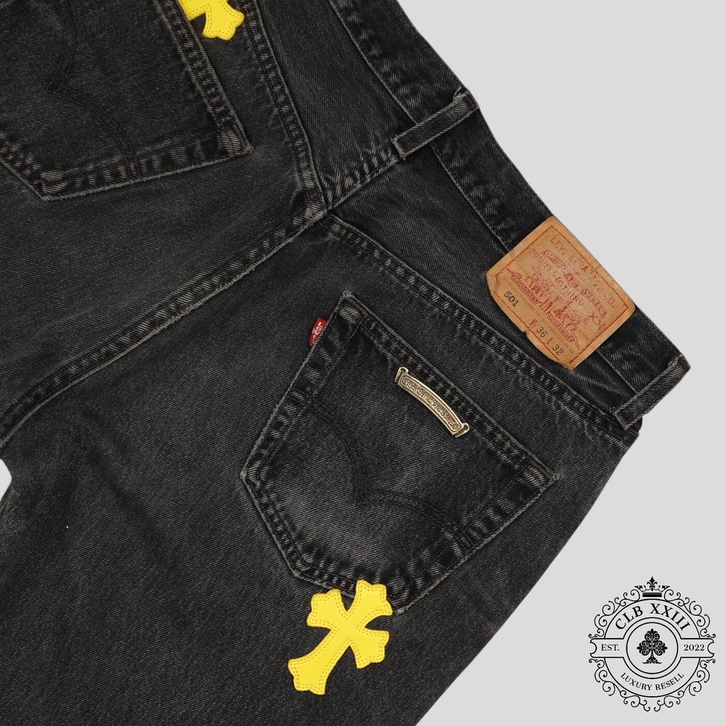 Jean Chrome Hearts à patchs croisés, noir/jaune