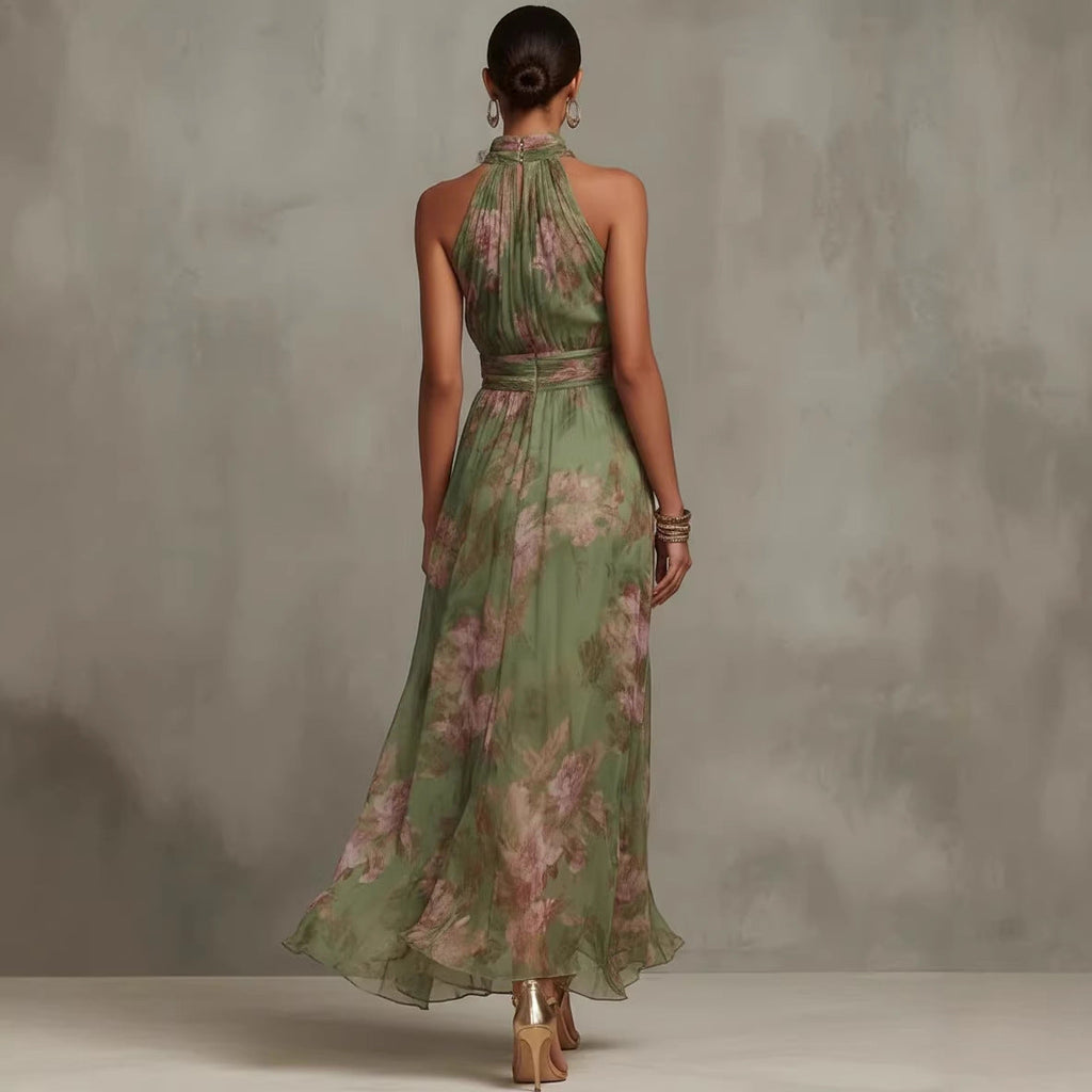 Robe maxi suspendue en maille imprimé graffiti verte – Robe streetwear taille haute fendue asymétrique