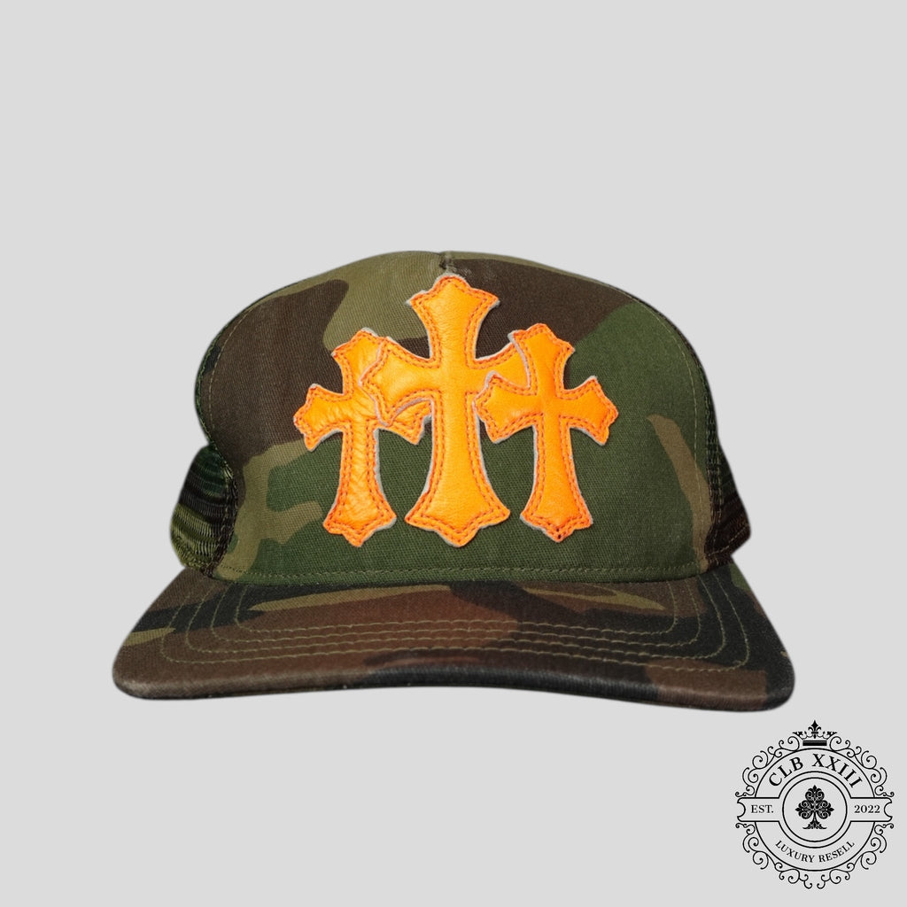 Casquette de routier Chrome Hearts en cuir triple croix camouflage/orange
