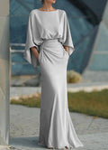 Robe longue élégante pour femme, dos nu, plissée, manches chauve-souris — Robe sirène argentée