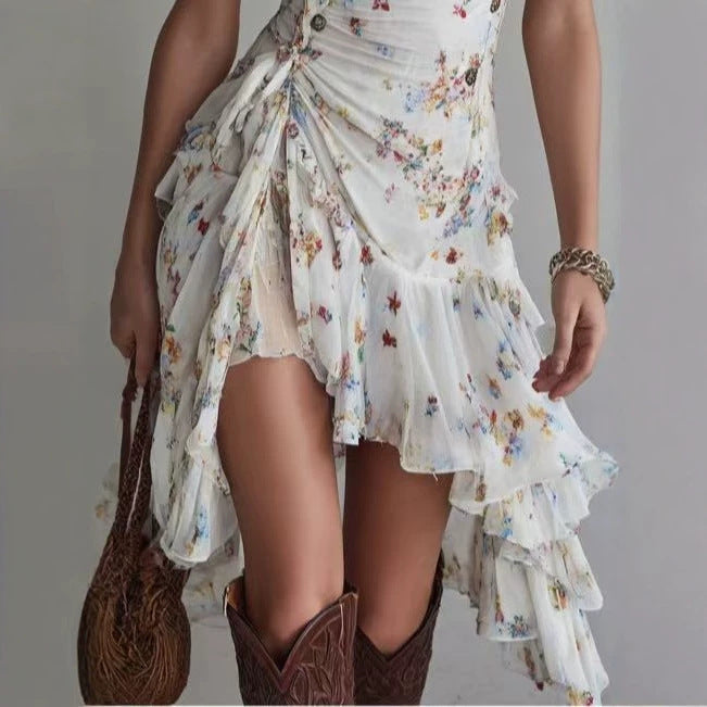 Robe en mousseline à imprimé floral, col en V, lacets et volants – Coupe ajustée, ourlet asymétrique pour femme