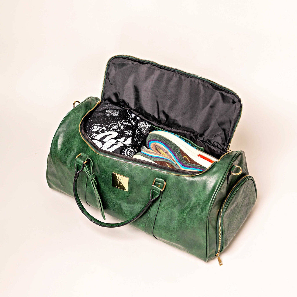 Sac de voyage polochon en cuir vert émeraude
