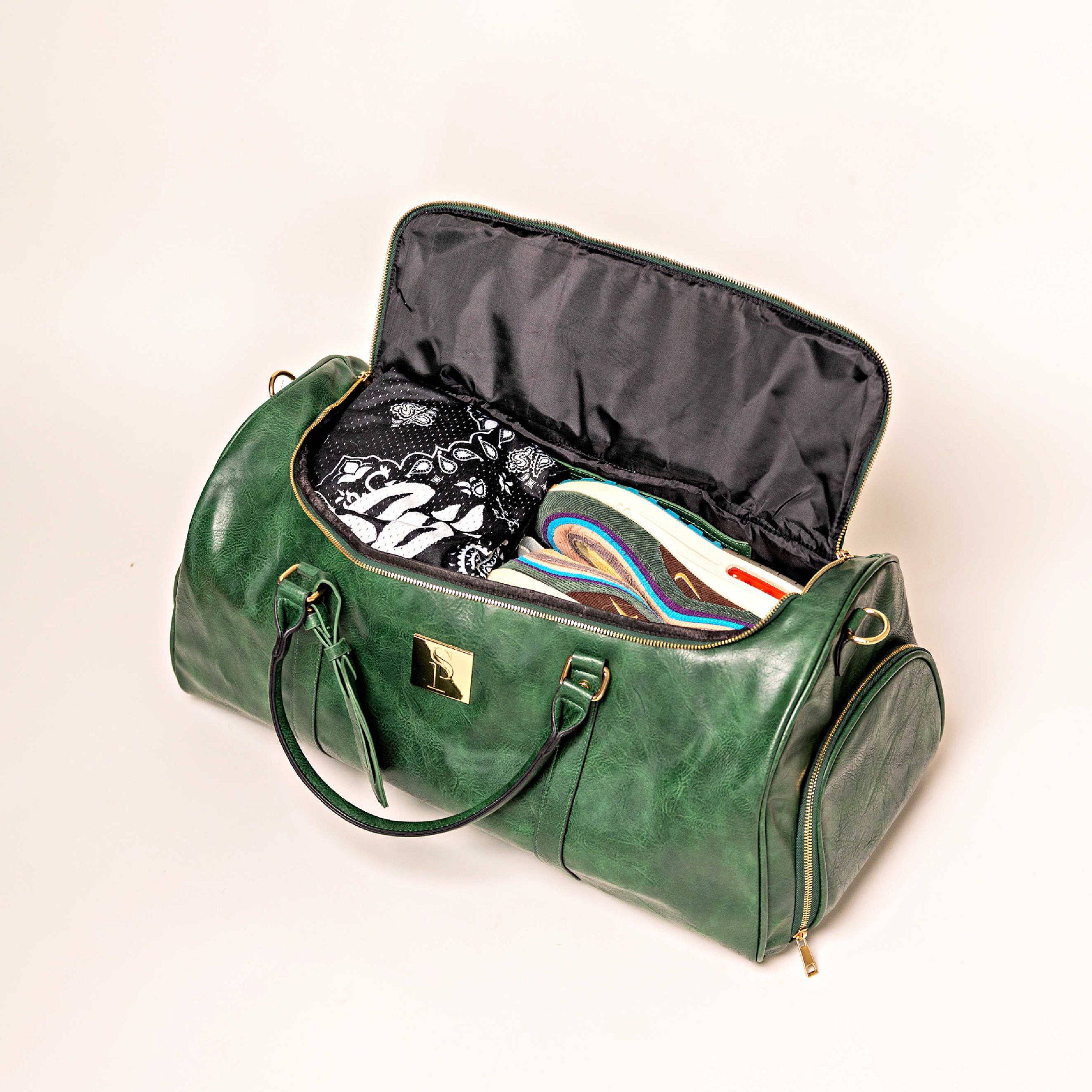 Sac de voyage polochon en cuir vert émeraude