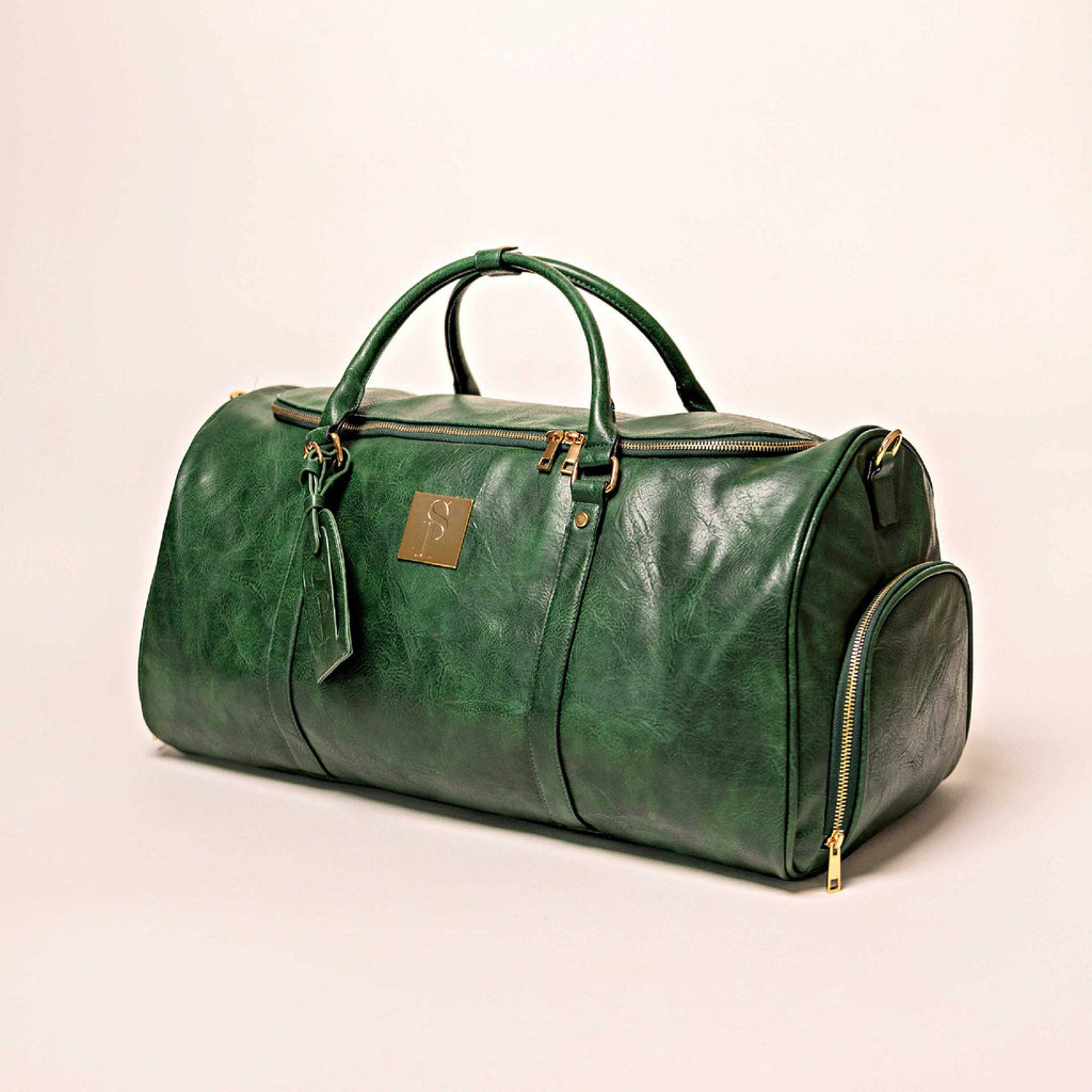 Sac de voyage polochon en cuir vert émeraude