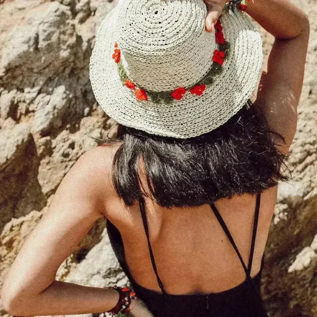 Chapeau de soleil bohème EVIE – Chapeau de paille tissé à la main | Femstylo