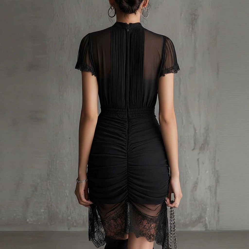 Robe Midi Fendue en Dentelle Noire Patchwork – Robe Transparente Taille Haute Moulante pour Femmes