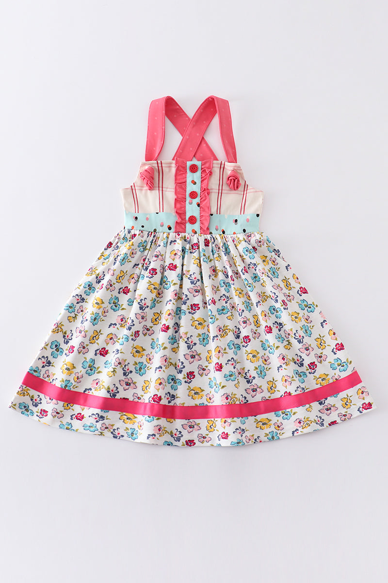 Robe fille à bretelles imprimé floral platine