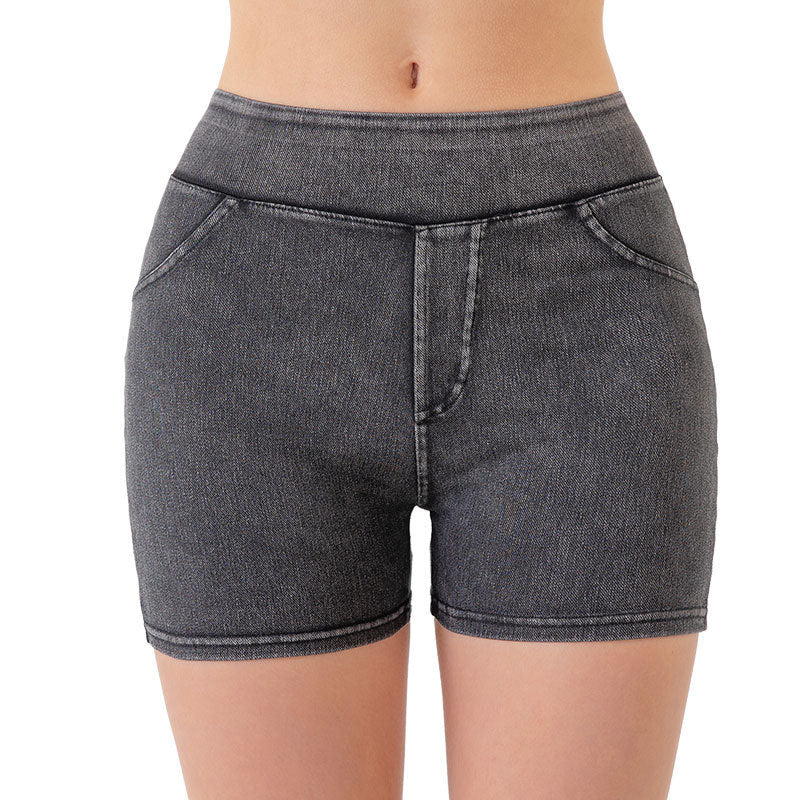 Short de yoga taille haute effet denim gainant et rehausseur de fessier – Short de sport amincissant avec contrôle du ventre