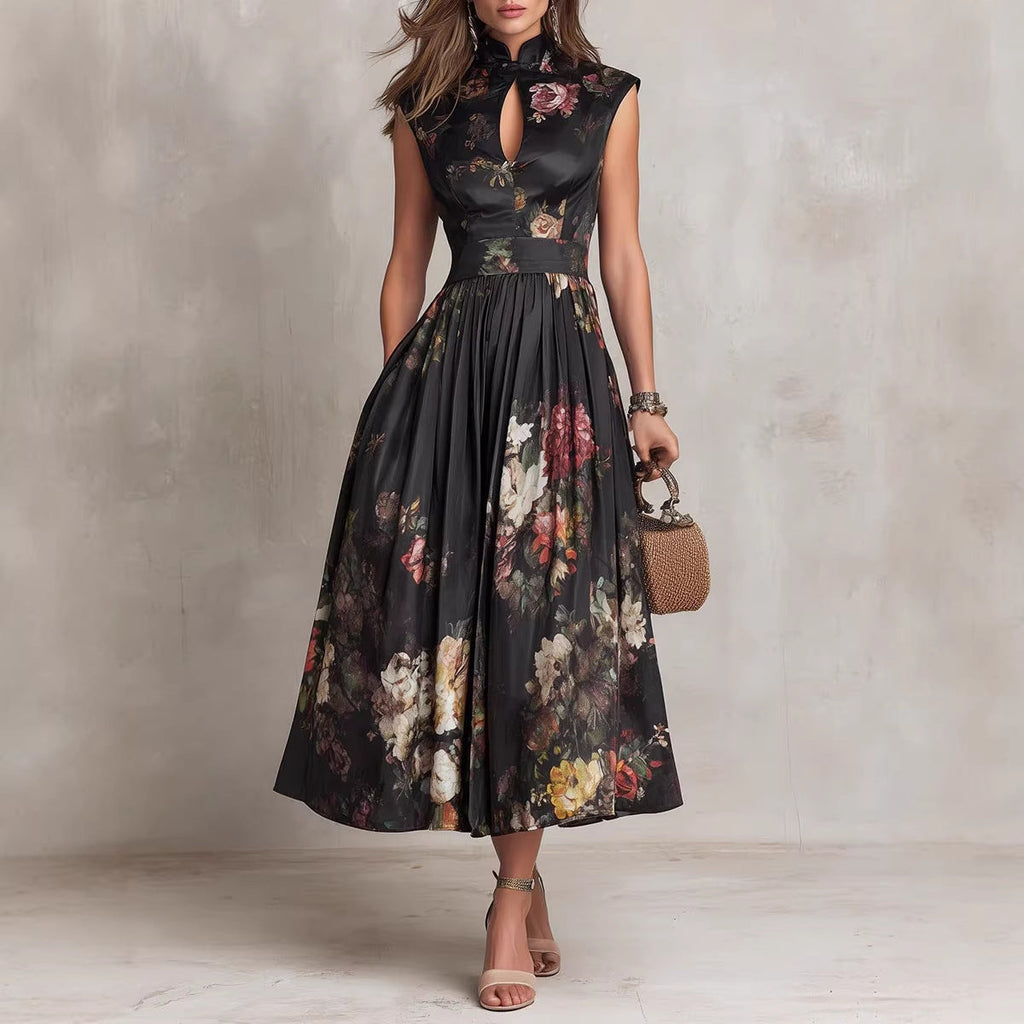 Robe longue noire à imprimé floral numérique, taille haute – Robe longue sans manches à ourlet irrégulier