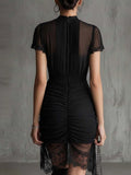 Robe Midi Fendue en Dentelle Noire Patchwork – Robe Transparente Taille Haute Moulante pour Femmes