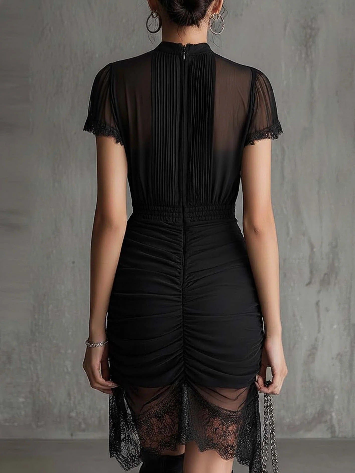 Robe Midi Fendue en Dentelle Noire Patchwork – Robe Transparente Taille Haute Moulante pour Femmes