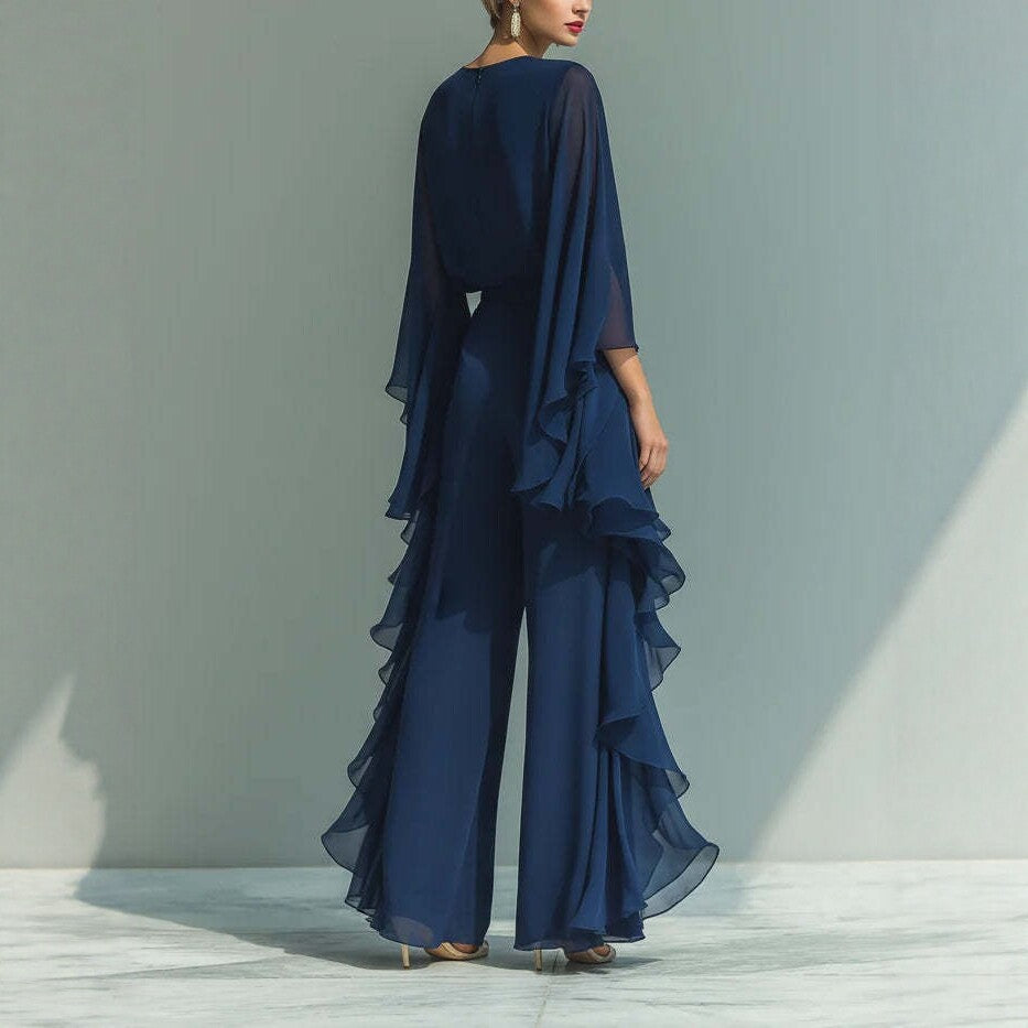 Ensemble Pantalon Large et Volants Bleu Profond – Tenue Élégante Deux Pièces à Manches Chauve-Souris pour Femme