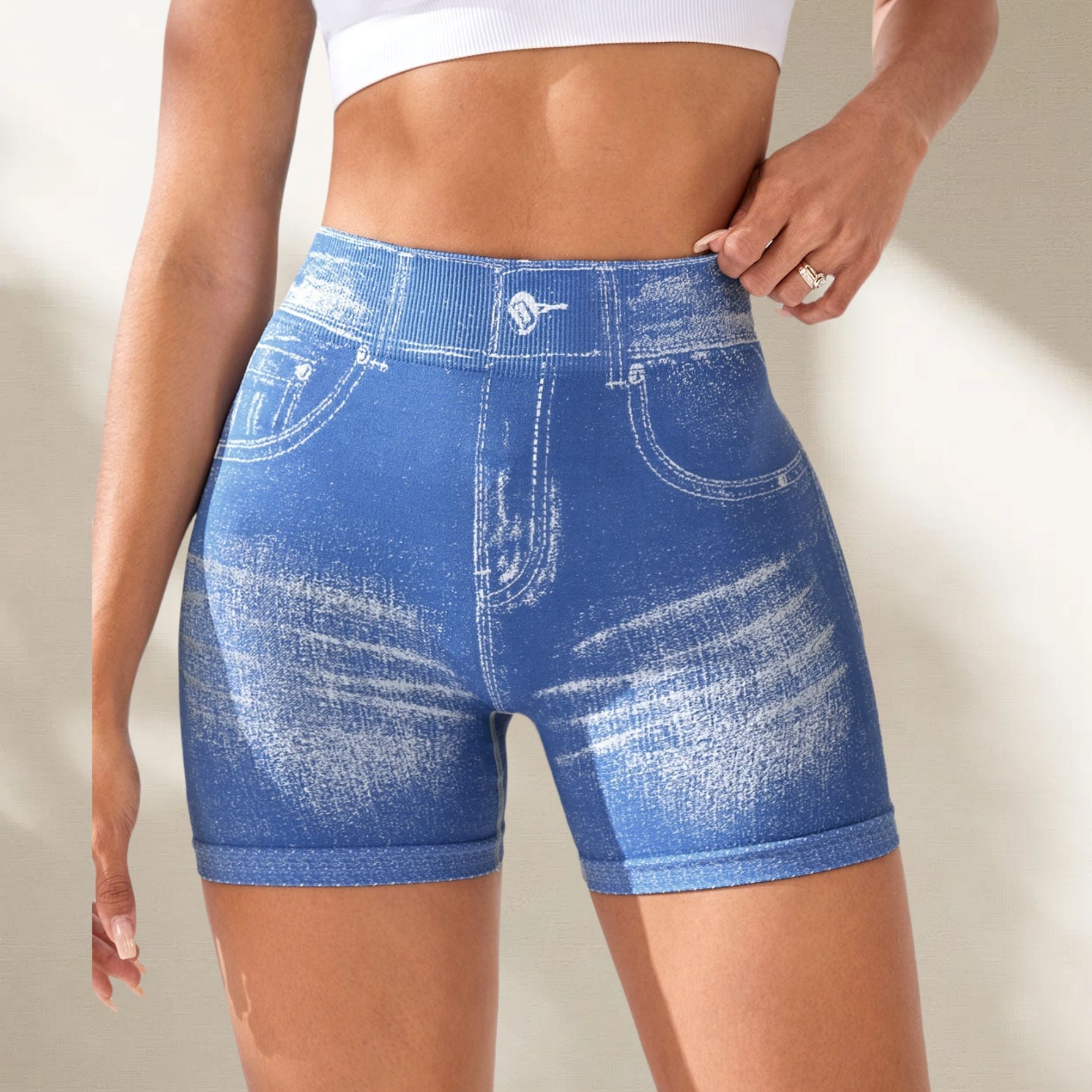 Shorts de yoga sans couture en jean pour femmes, shorts de course et de fitness ajustés à séchage rapide, avec taille en V et rehaussement des hanches