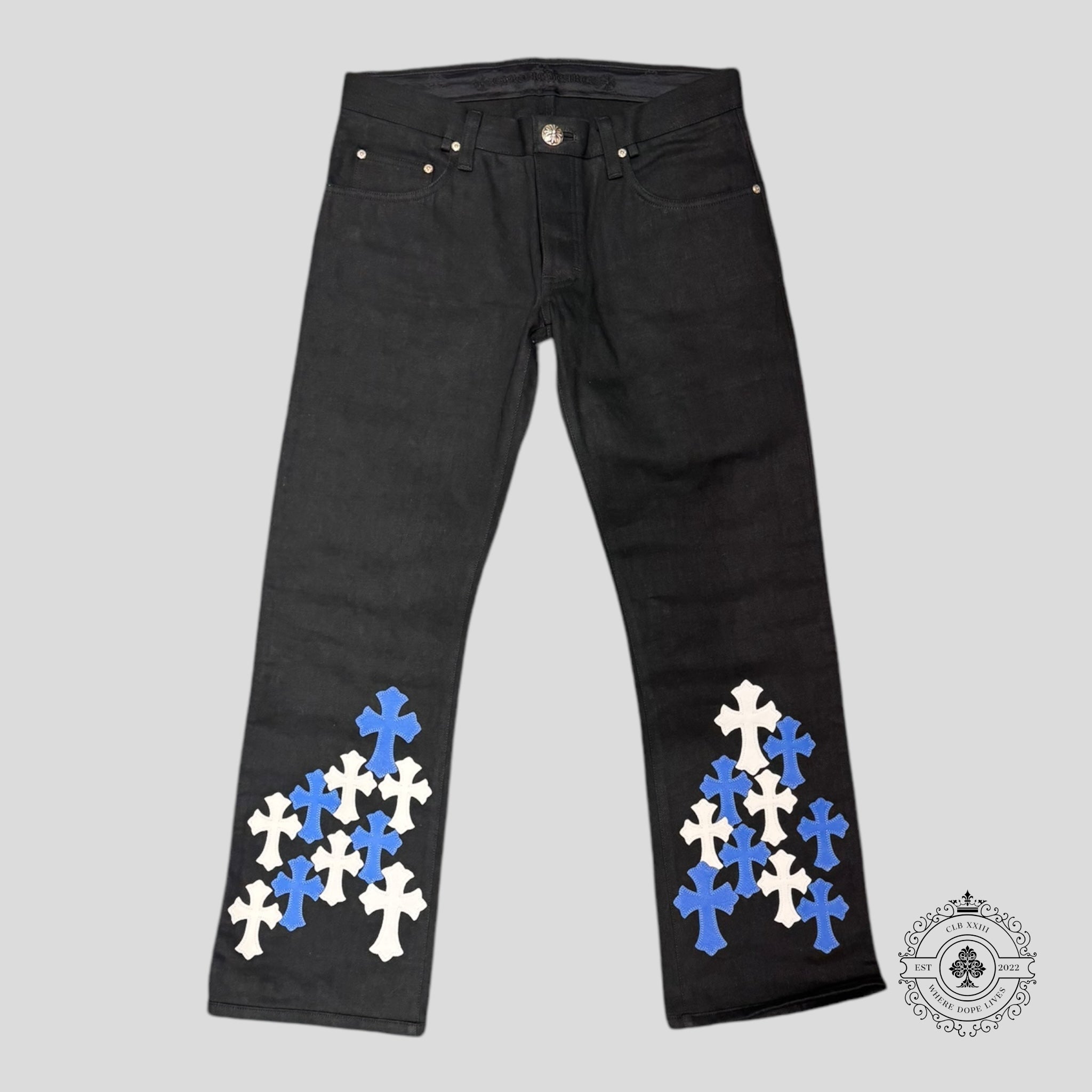 Pantalon Chrome Hearts à croix brodées bleu / blanc