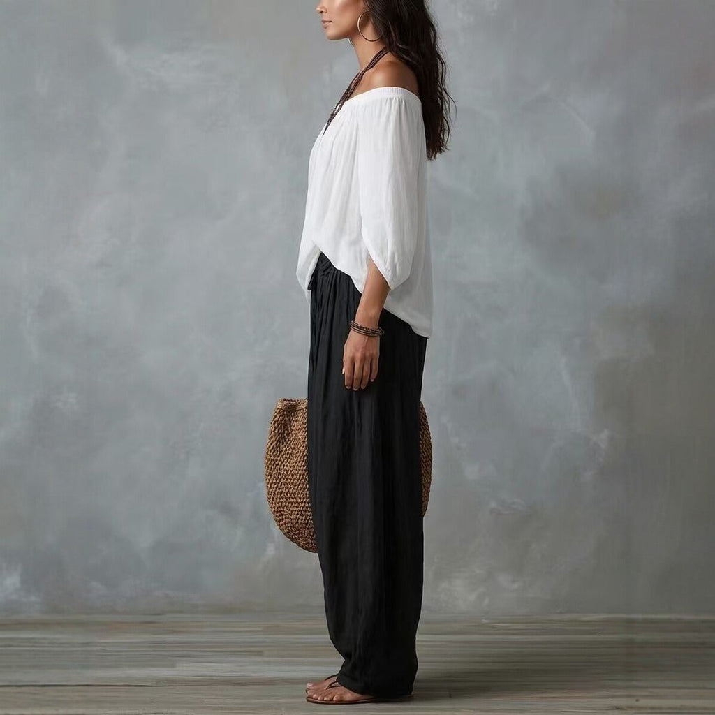 Ensemble deux pièces t-shirt asymétrique et pantalon ample pour femme — Tenue décontractée urbaine
