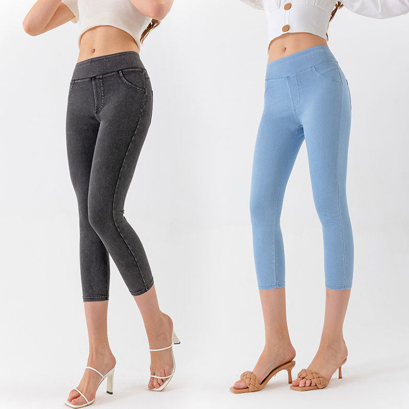 Pantacourt en jean de yoga pour femme, taille basse, coupe ajustée, très élastique, contrôle du ventre, pantalon décontracté de fitness