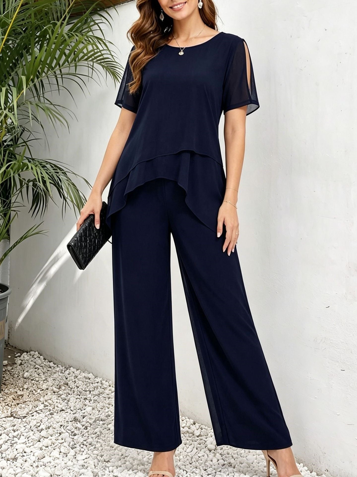 Ensemble deux pièces haut à ourlet irrégulier et pantalon large pour femme