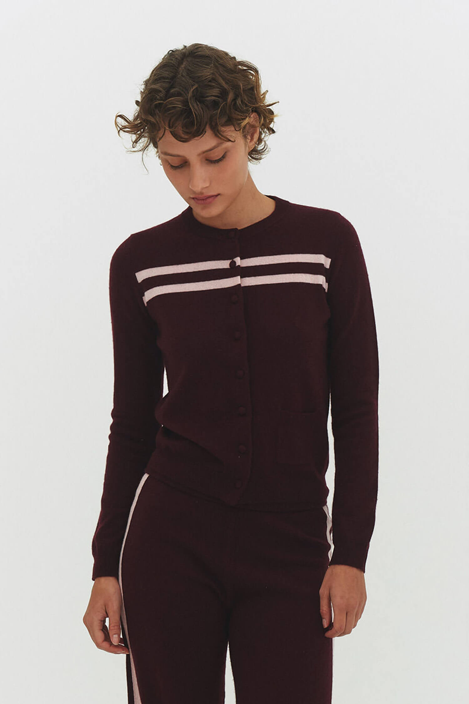 CARDIGAN EN LAINE CACHEMIRE À RAYURES FRAMBOISE CRÈME