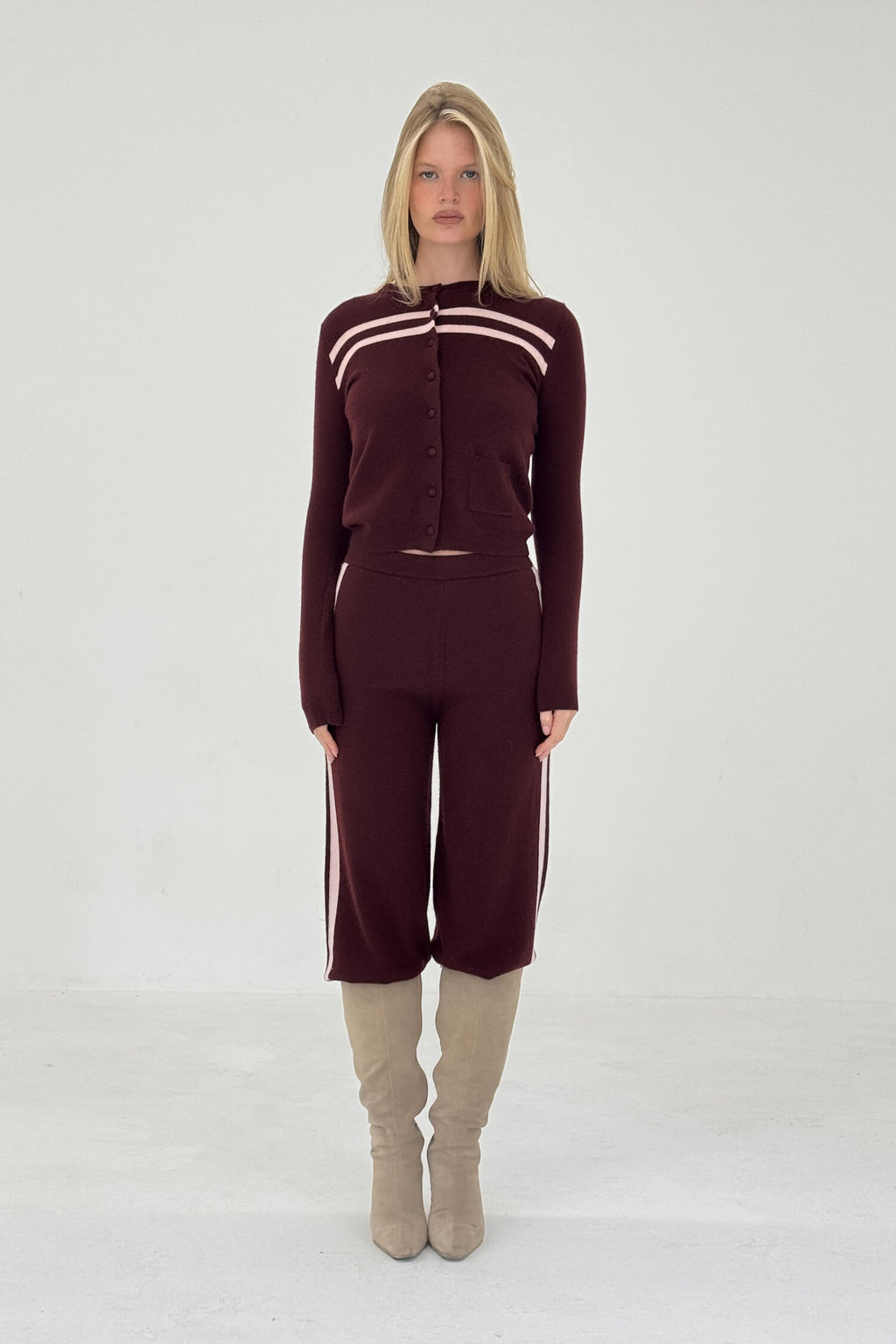 CARDIGAN EN LAINE CACHEMIRE À RAYURES FRAMBOISE CRÈME