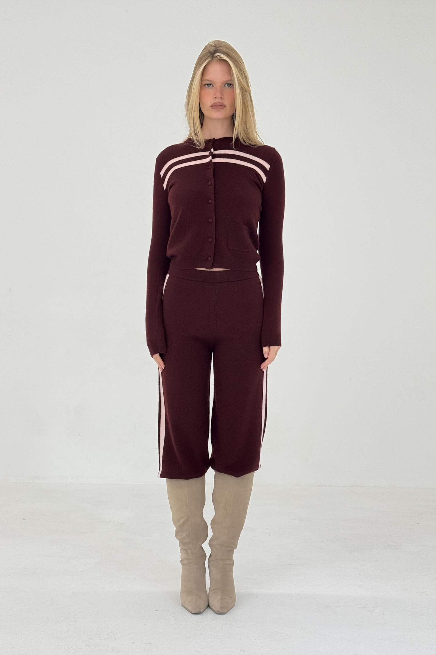 CARDIGAN EN LAINE CACHEMIRE À RAYURES FRAMBOISE CRÈME