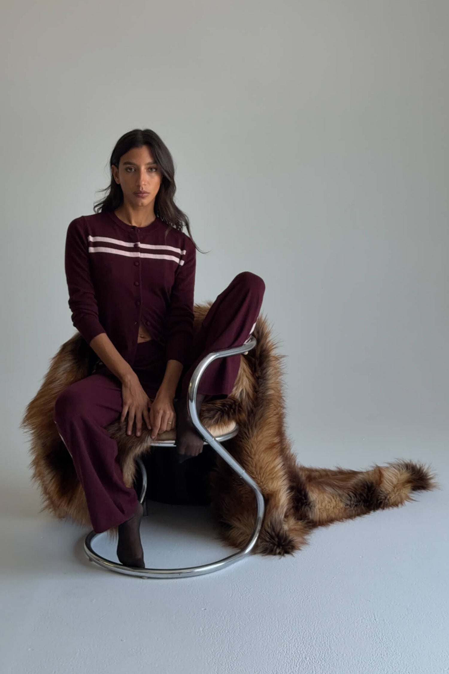 CARDIGAN EN LAINE CACHEMIRE À RAYURES FRAMBOISE CRÈME