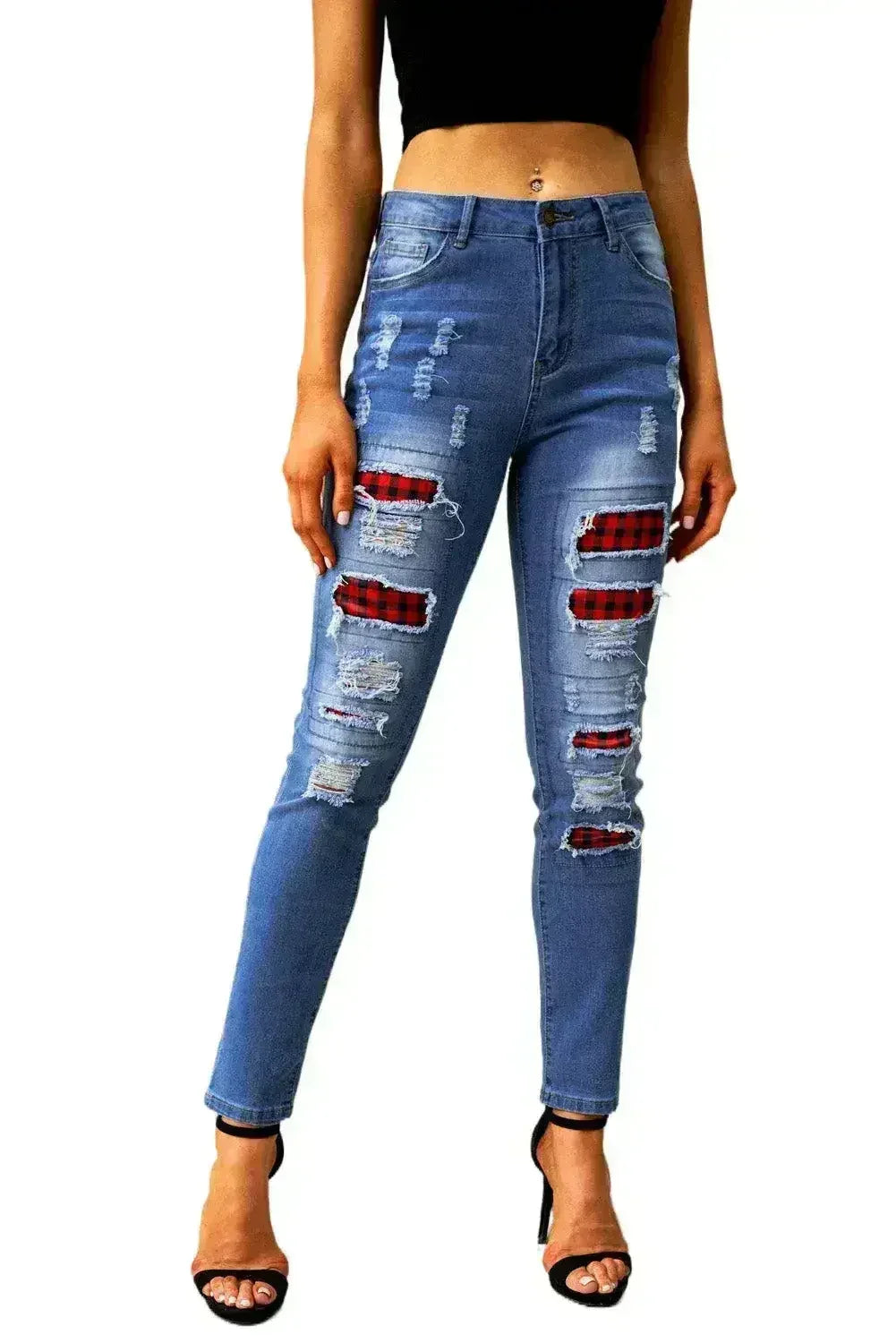 Jean boyfriend droit déchiré à carreaux bleu tendance