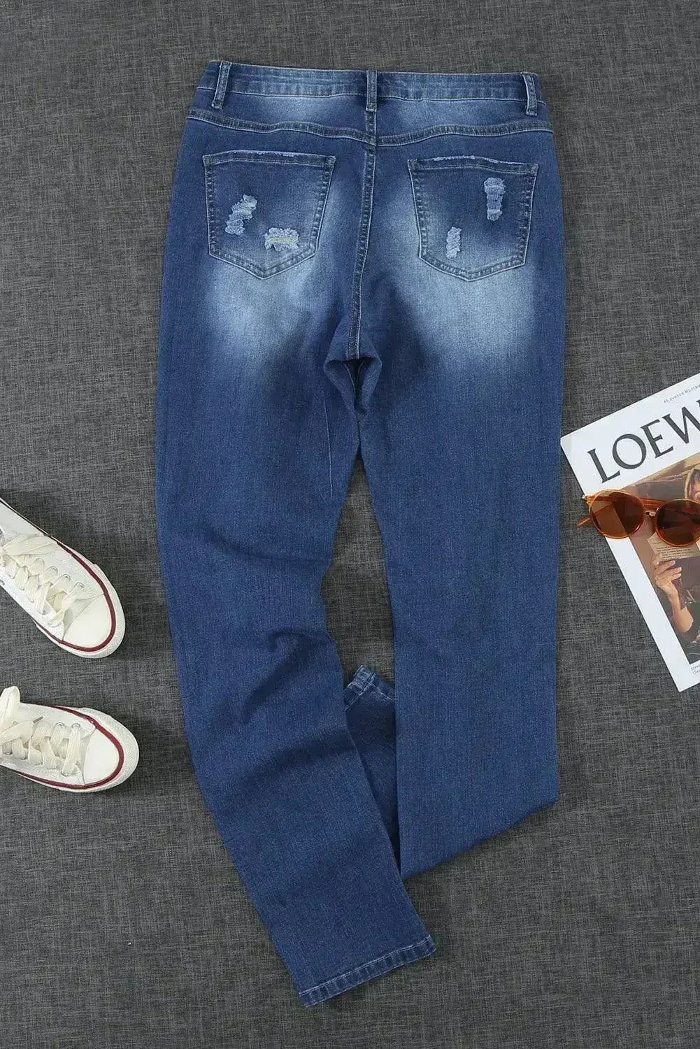 Jean boyfriend droit déchiré à carreaux bleu tendance