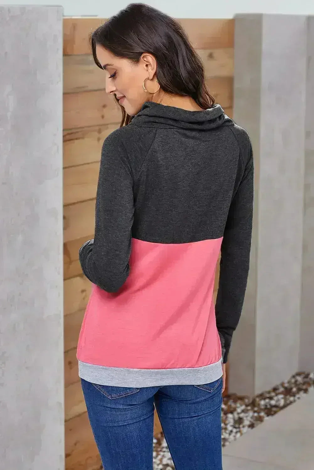 Sweat-shirt tendance rose et anthracite color block à manches avec trous pour les pouces